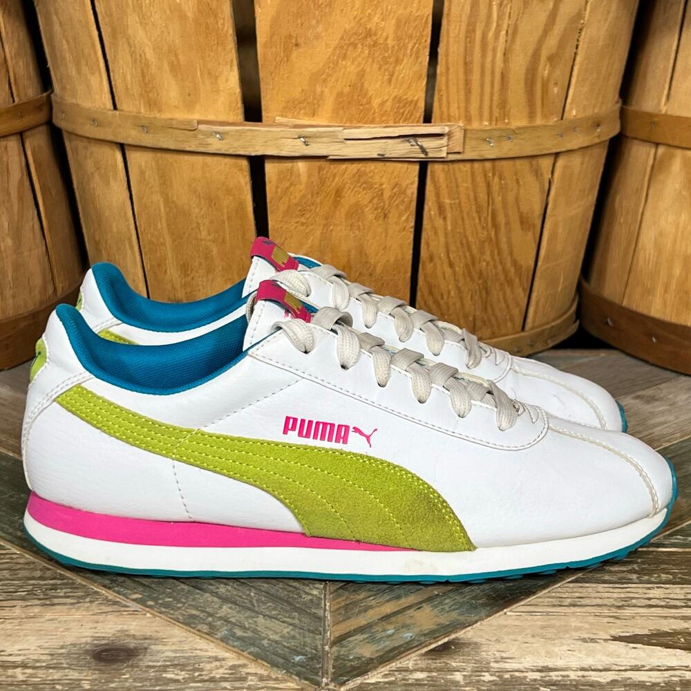 Puma Turin II White Leather Pink Green Teal Casual Sneakers Womens Size 10